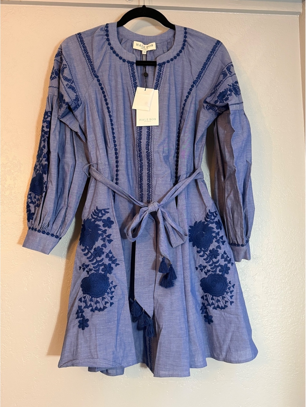 NWT Hale Bob Blue Tessa Embroidered Chambray Boho Mini Dress XS